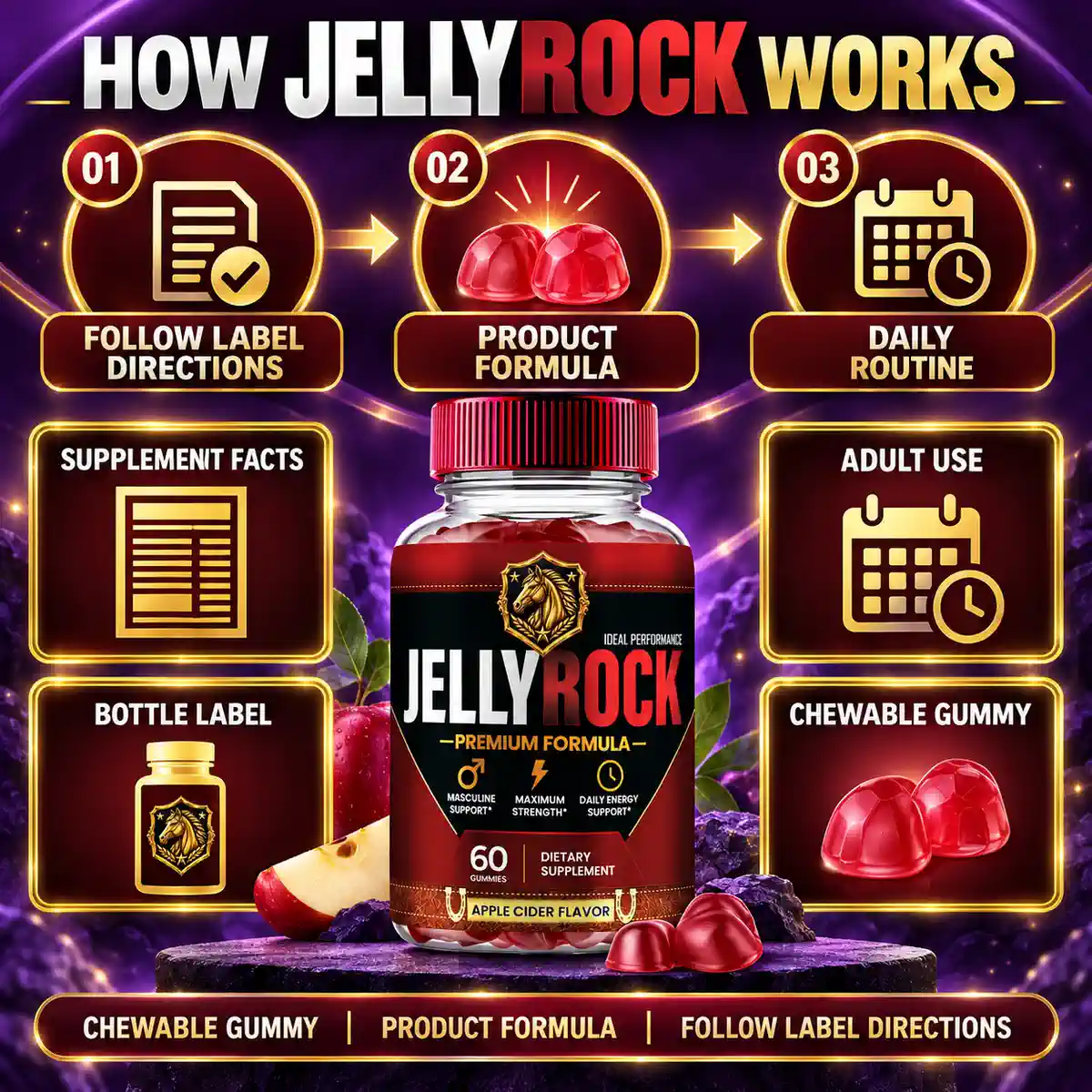 How JellyRock works listing image: follow label directions, product formula, daily routine