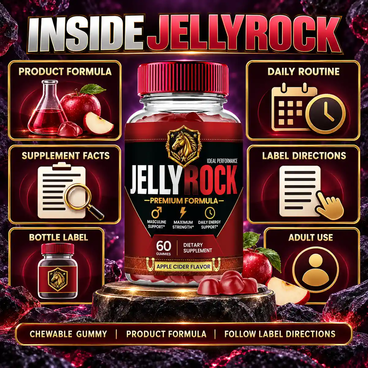 Inside JellyRock listing image: product formula, supplement facts, daily routine